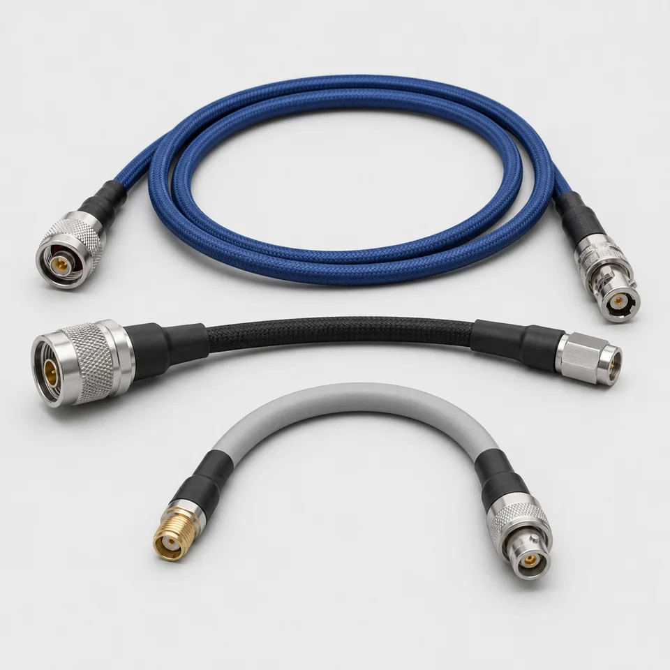Representative coaxial cable assemblies with varied cable jackets and connector ends