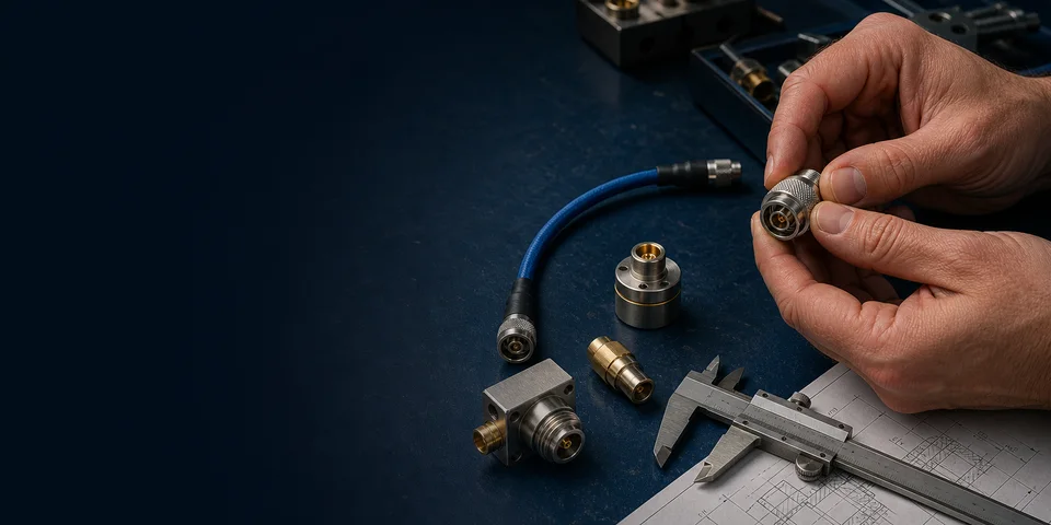 Engineer inspecting an RF connector beside cable assemblies, machined components, a caliper, and a technical drawing